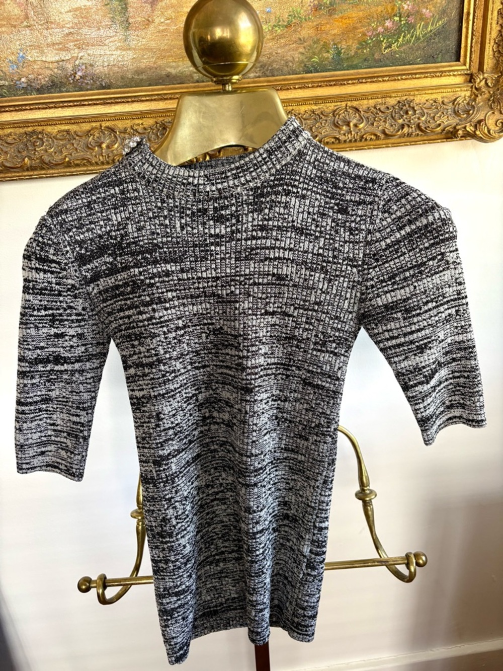GANNI Marled Gray Black Knit Top XXS Fitted Mock Neck Short Sleeve Jewel Button